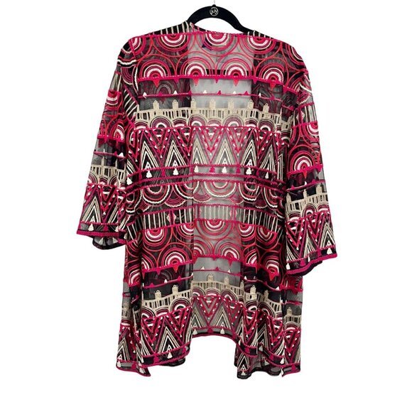 Catherines Embroidered Mesh Kimono Jacket Boho Pink Black - Women's Size 2XWP - Picture 2 of 5